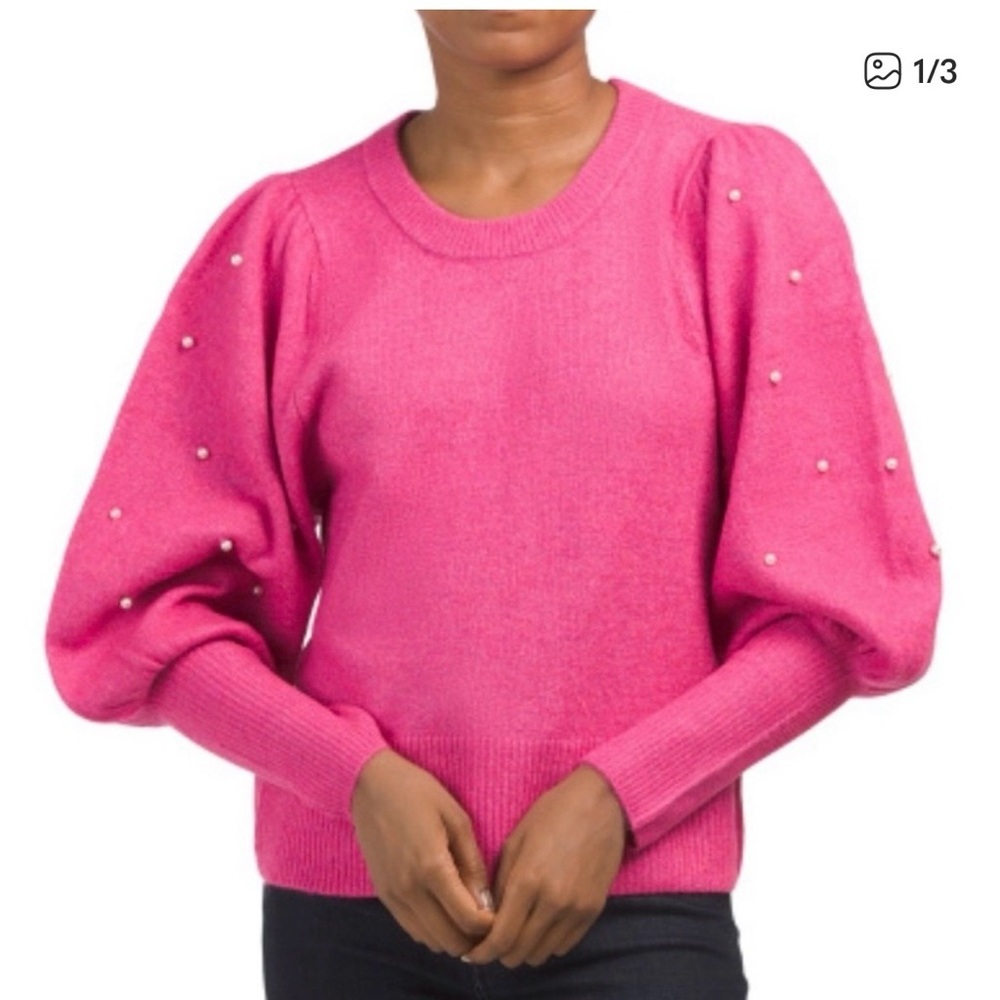 Cece Bright Hot Pink Pearl Accent Puff Balloon Sleeve Sweater Small